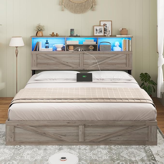 AOGLLATI Farmhouse Full Size Bed Frame with 4 Storage Drawers and Charging Station, Wooden Full Bed Frame with Hidden Space Bookcase Headboard and Led Lights & Metal Slats, Gray