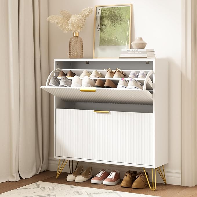 Shoe Storage Cabinet with 2 Flip Drawers, Fluted White Shoe Cabinet Storage for Entryway Slim, Narrow Shoe Organizer Cabinet, Modern Freestanding Shoe Rack for Entryway, White