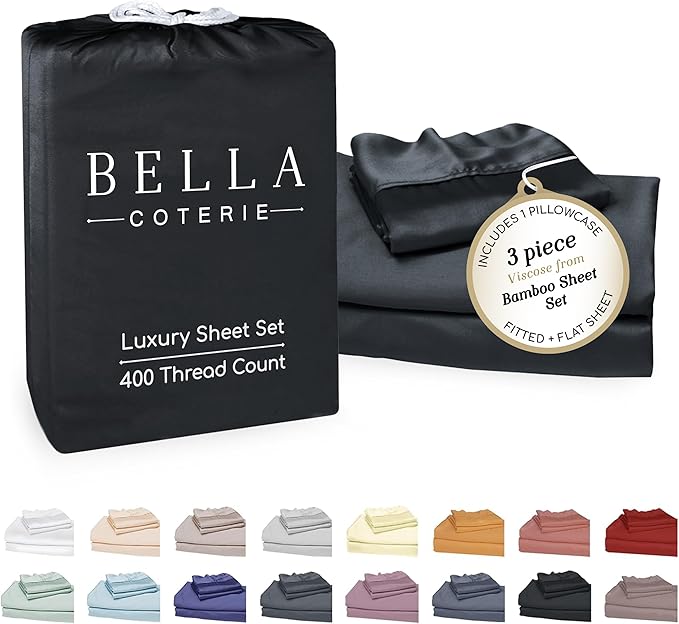 Bella Coterie Luxury Bamboo Viscose Twin Size Sheet Set | 100% Organically Grown | Ultra Soft | Cooling for Hot Sleepers | 18" Deep Pocket [Black]