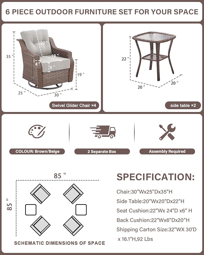 Belord Luxury 6-inch Thick Cushion Patio Furniture Set - Outdoor Swivel Rocker Glider Chairs Set of 4 with Glass Top Side Table, All-Weather Wicker Patio Conversation Set for Deck Balcony Sunroom