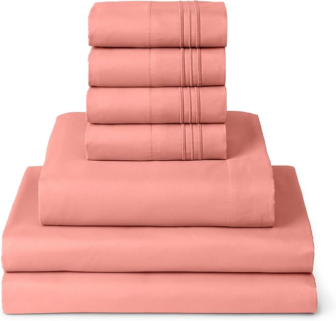 Mellanni Split King Sheet Set - 7-Piece Iconic Collection Bedding, (Including 4 Pillowcases), 16-Inch Deep Pocket, Easy Care, Extra Soft, Cooling Sheets, Brushed Microfiber - Coral