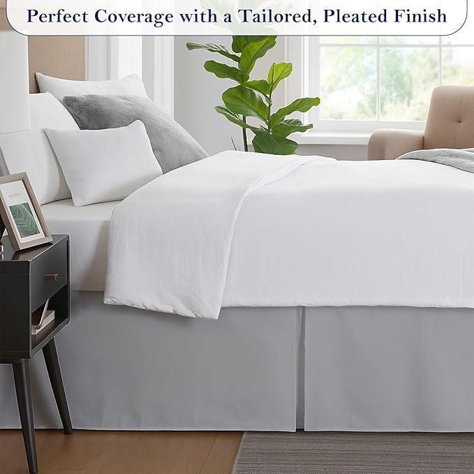 Full Bed Skirt, Luxury 12 Inch Drop Light Grey Pleated Bed Skirt, Double Brushed Microfiber, Box Pleat Design, Wrinkle & Fade Resistant, Easy Fit Tailored Bedskirt for Full Size Beds