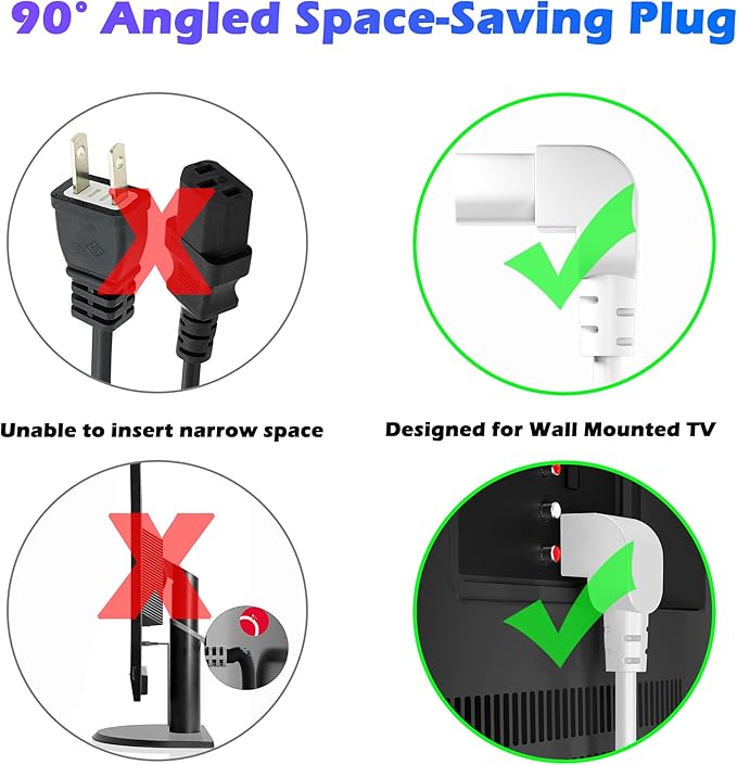 Adoreen 4 Ft Computer TV Replacement Power Cord White, 90 Degree Angled L-Shaped 18AWG 3-Prong AC Universal Power Supply Cable NEMA 5-15P to IEC 320 C13 for Printer, PC, Monitor TV LCD, ETL+Ties