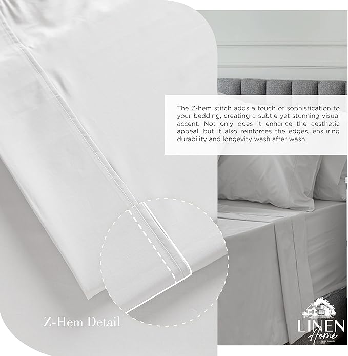 Linen Home 100% Cotton Percale Sheets Twin Size, Silver, Deep Pocket, 3 Pieces Set - 1 Flat, 1 Deep Pocket Fitted Sheet and 1 Pillowcase, Crisp Cool and Strong Bed Linen
