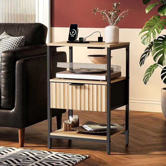 VINGLI Night Stand with Charging Station, Fluted Nightstand with Fabric Drawer, Bed Side Table/End Table for Bedroom, Dorm, 14.96" W*11.81" D*23.7" H
