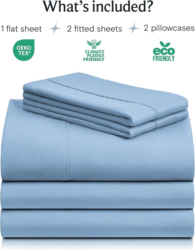 LuxClub 5 PC Split King Sheet Set, Deep Pockets Wrinkle Free Cooling Bed Sheets Hotel Bedding for Women, Men, Includes 2 Fitted Sheet, 1 Flat Sheet and 2 PillowcasesSoft Sky