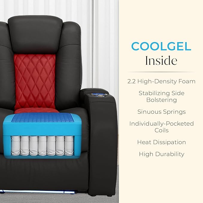 Seatcraft Diamante Zero-Gravity CoolZero Italian Leather Home Theater Seating, Power Headrest, Power Recline, Row of 4 Right Loveseat, Black/Red
