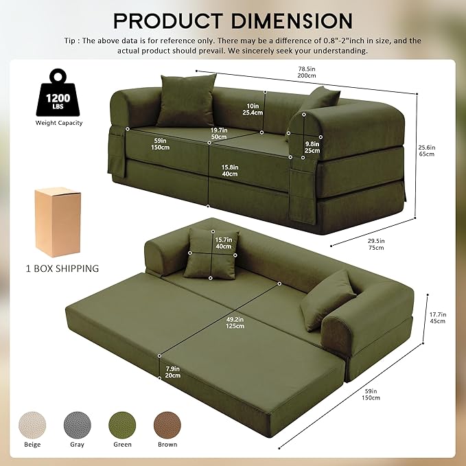 78.5" Convertible Sleeper Sofa Bed, Faux Leather Folding Floor Sofa with Pullout Bed&2 Pillows, No Assembly Modern Boneless Couch Compression Sofa in Box with Storage Pocket for Living Room, Green