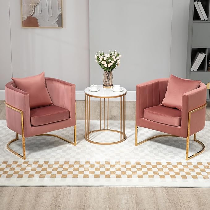 Velvet Modern Accent Chairs Set of 2, Upholstered Barrel Armchair Mid Century with Pillow for Living Room, Comfy Single Vanity Chair with Metal Gold Legs for Bedroom, Pink