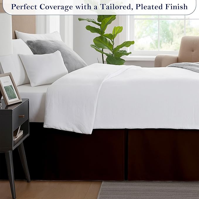 Queen Bed Skirt, Luxury 18 Inch Drop Chocolate Pleated Bed Skirt, Double Brushed Microfiber, Box Pleat Design, Wrinkle & Fade Resistant, Easy Fit Tailored Bedskirt for Queen Size Beds