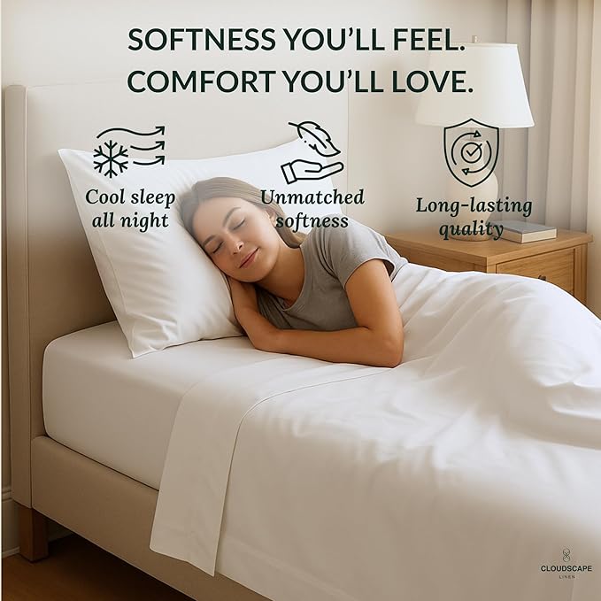 Cloud Scape Linen 100% Egyptian Cotton Sheets Twin Size, 3 Pieces Luxury Bedding Set, 400 Thread Count,Hotel Quality, Silky Soft, Breathable and Durable, Deep Pockets up to 15, White