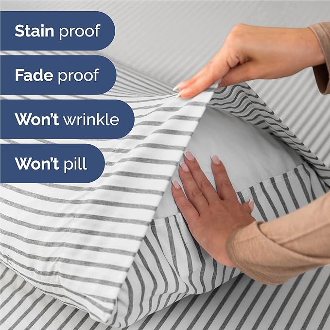 Full 6 Piece Sheet Set - Cooling, Comfy & Breathable - Hotel Luxury Bedding, Includes Fitted Sheet for Women, Men, Kids & Teens - 1 Flat, 1 Fitted Sheet, 4 Pillowcases w/Deep Pockets - Grey Stripes