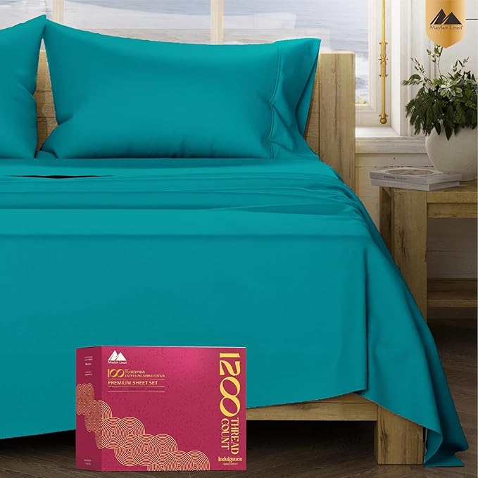Mayfair Linen 100% Egyptian Cotton Full Size Bed Sheets - Luxury 1200 Thread Count Egyptian Cotton Sheets Full Size Bed Set (4 PC, Teal), Silky Soft, Cooling, 17" Deep Pocket Sateen Weave Bedding