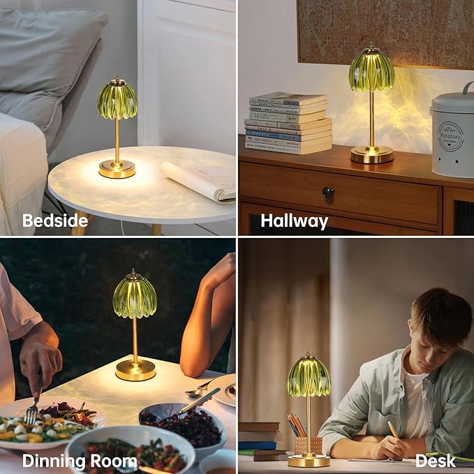 Set of 2 Tulip Table Lamp with 5000mAh Battery & Touch Control, Cordless Small Table Lamp with 3 Colors, Dimmable Rechargeable Table Lamps for Bedroom, Desk, Bedside (Green Tulip)