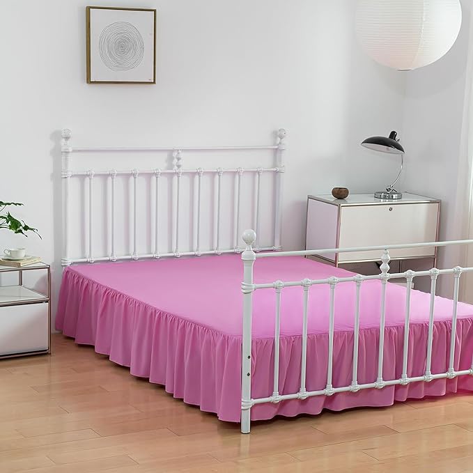 Bed Skirt Queen Size, Ruffled Bed Skirt with Split Corners, 16 Inch Drop Dust Ruffle Bed Skirt with Platform, Pink -16'' Queen