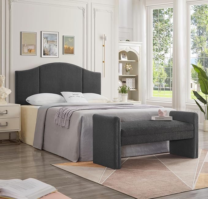 24KF Modern Upholstered Bed Bench Covered with Soft Boucle Teddy Fabric, Lovely Entryway Bench Ottoman with Armrest,5062-Dark Gray