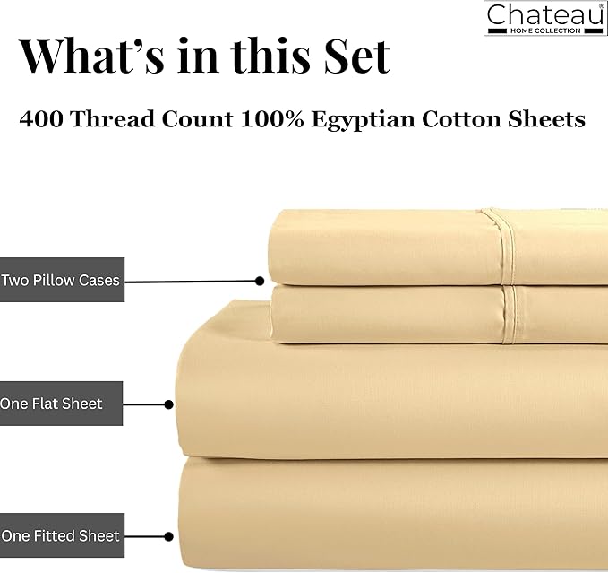400 Thread Count Queen Cotton Sheet Set, 15" Deep Pocket Queen Sheet Set, Luxury Sateen Weave 4 Piece Naturally Cool Soft Breathable Elasticated Luxury Bedding For All Seasons- Semolina