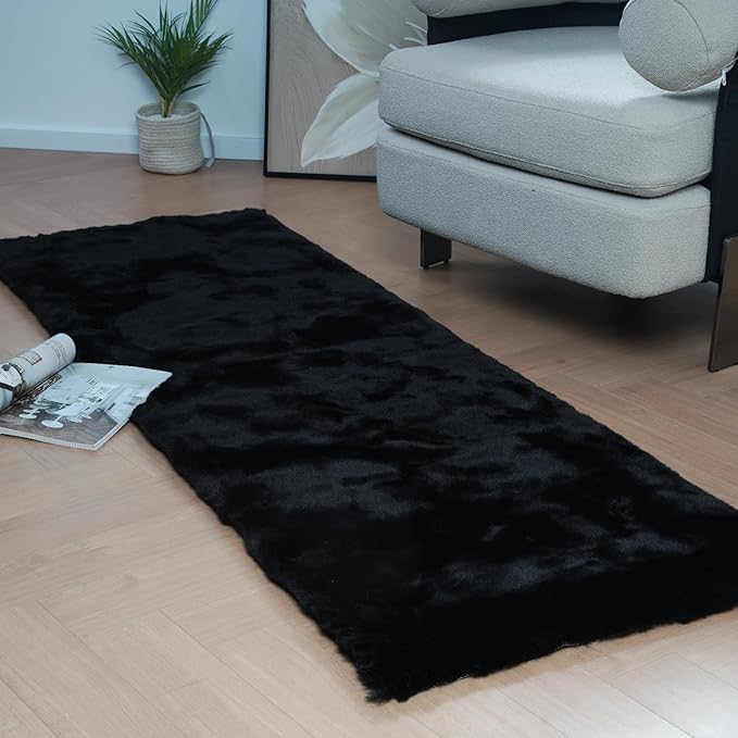 Latepis 2x6 Rug Runner Black Fluffy Area Rug Washable Faux Rabbit Fur Plush Shag Rugs for Bedroom Shaggy Throw Rugs for Nursery Sofa Floor Room Decor