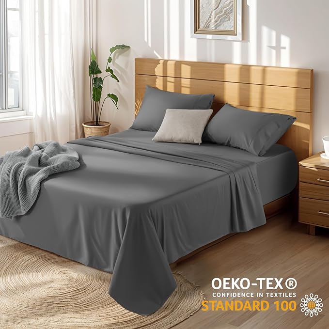 LBRO2M 100% Cotton Sheets Set Deep Pocket 19", 1000 Thread Count Queen Size 4 Piece Bed Sheet Sets Soft Comfortable Bedding All Season (Queen, Dark Grey)