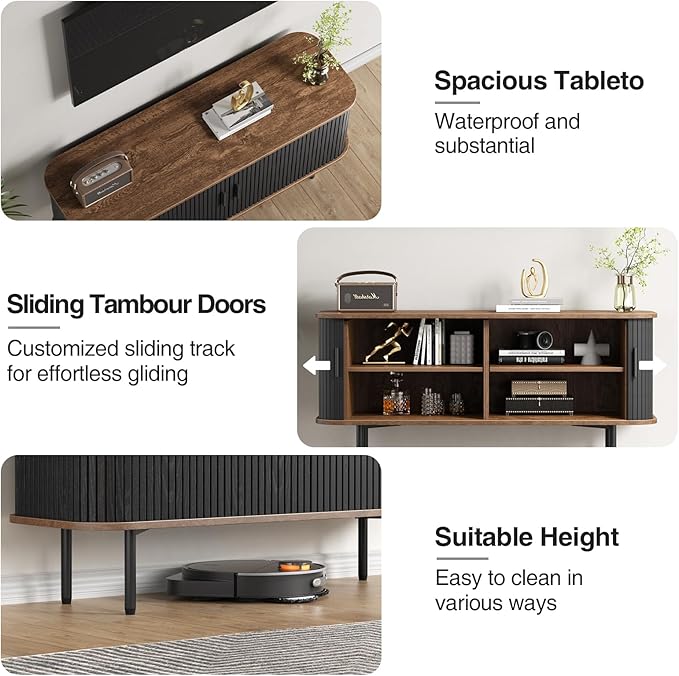 47''W Black Cabinet with Storage, Media Console, Tambour TV Stand, Television Stands with Curvy Edge; Sliding Door, Fluted Cabinet, Buffet Sideboard, Credenza, Table Stand for Living Room, Kitchen