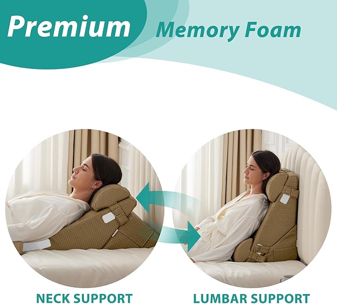 Bedluxe Adjustable 4pcs Bed Wedge Pillow Set, Memory Foam Wedges Pillow Post Surgery for Back, Neck, Leg Pain Relief, Pillows Wedge for Sleeping, Sitting up in Bed, Acid Reflux and GERD, Brown