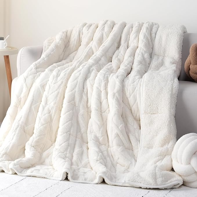 Cottonblue Jacquard Weighted Blanket 15lbs for Queen Ded - Ultra Soft, Cozy Comfort Sherpa Blanket for Relax and Sleep, Heavy Bed Blankets with Cemaric Beads, 48x72 in 12 lbs, Cream White