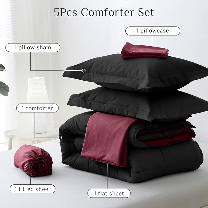 JOLLYVOGUE Twin XL Comforter Set, Ultra-Soft Bed in a Bag Twin XL Size 5 Pieces, Oeko-TEX Certified Bedding Set with Down Alternative Comforter, Sheets, Pillowcases & Shams, Burgundy & Black