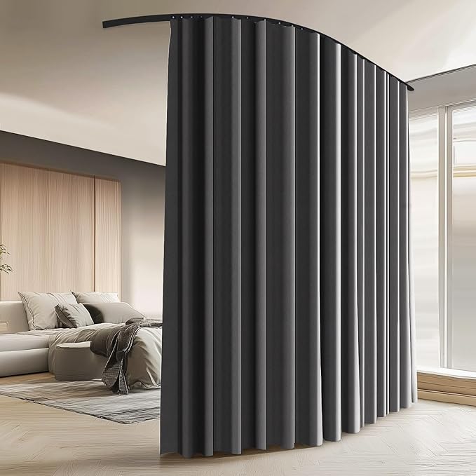 Room Divider Curtains with Ceiling Curtain Track Set Window Curtain for Bedroom,Living Room Total Blackout Thermal Insulated Privacy Ceiling Track Curtain W 15 × H 8 FT Grey drape&Black track