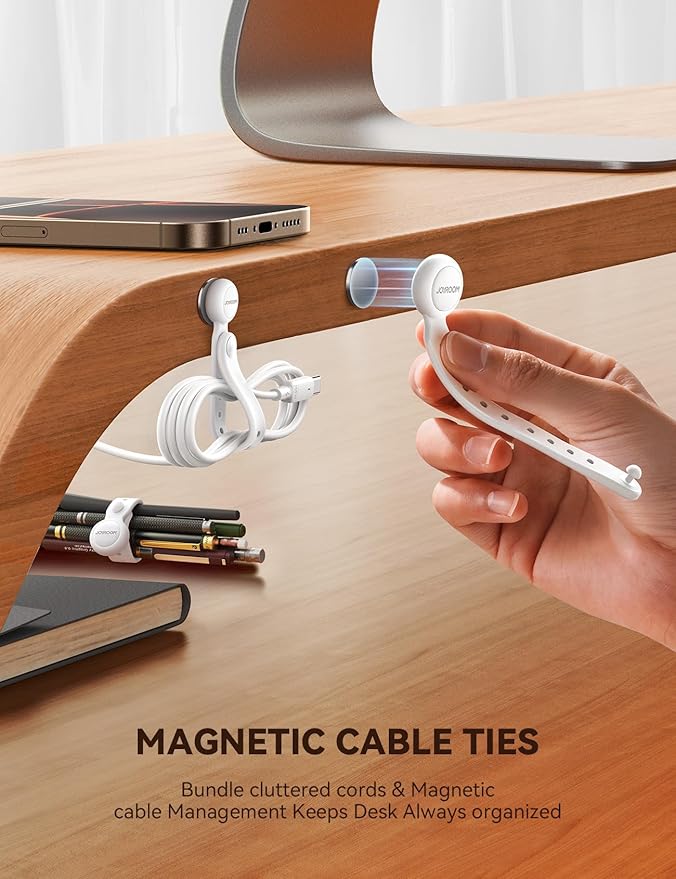JOYROOM 12PCS Magnetic Cable Ties - Reusable Silicone Cord Organizer with Buckle Holes, Elastic Cable Management Straps for Data Cables, Charging Cords, and More (White)