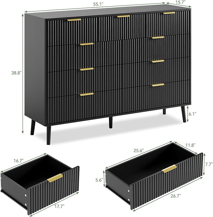 LYNSOM Fluted 9 Drawer Dresser for Bedroom, 55" Wide Modern Chest of Drawers with Curved Profile Design and Metal Handles, Wood Dresser TV Stand & Storage Organizer for Bedroom, Hallway, Black