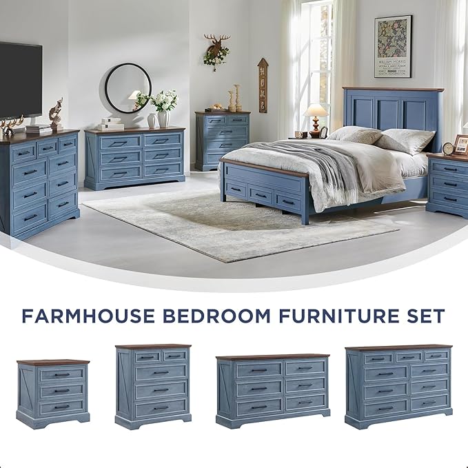 JXQTLINGMU 9 Drawers Dresser for Bedroom, Farmhouse 52'' Wide Dressers & Chests of Drawers w/Roman Column, Large Storage Dressers Organizer for Bedroom Hallway, Blue
