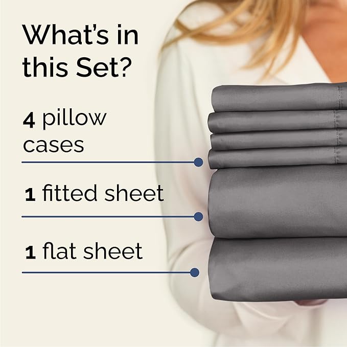 Queen 6 Piece Sheet Set - Cooling, Comfy & Breathable - Hotel Luxury Bedding, Includes Fitted Sheet for Women, Men, Kids & Teens - 1 Flat, 1 Fitted Sheet, 4 Pillowcases with Deep Pockets - Dark Grey