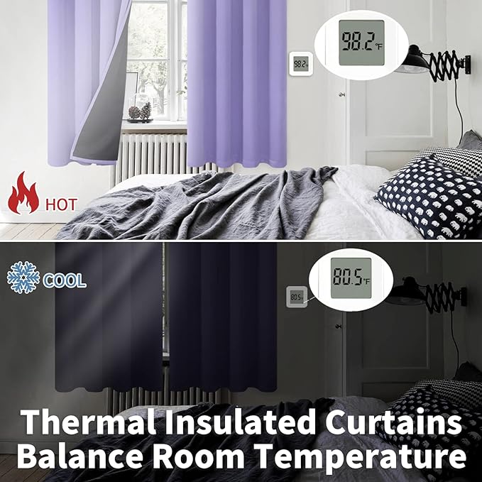 BGment Short 100% Blackout Curtains for Bedroom, Thermal Insulated Energy Efficiency Noise Reducing Grommet Curtains 45 Inch Length with Liner for Small Window 2 Panels Each 52 Inch Wide, Lavender