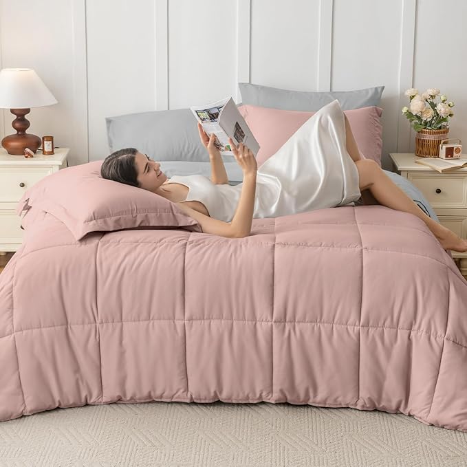 JOLLYVOGUE Full Comforter Set, Ultra-Soft Bed in a Bag Full Size 7 Pieces, Oeko-TEX Certified Bedding Set with Down Alternative Comforter, Sheets, Pillowcases & Shams, Pink & Light Grey