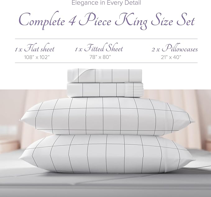 Carressa Linen Luxury Egyptian Cotton King Printed Sheet Set - 600 Thread Count Extra Long Staple 4 PC Set, Window Pane King Printed Sheets, Soft, Cooling Sateen Weave Sheets Upto 18 in Deep Pocket