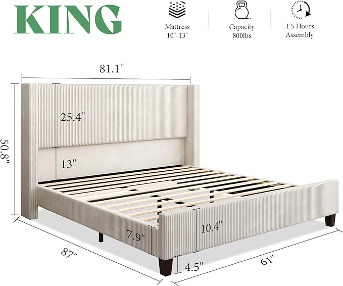 AMERLIFE King Size Upholstered Bed Frame with 50.8" Tall Headboard, Wingback Platform Bed with Solid Wood Legs, Wooden Slats, Corduroy/No Box Spring Needed/Noise Free/Cream