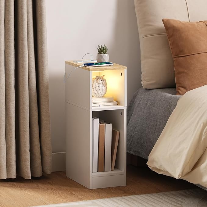 Narrow Nightstand, Slim End Table with Charging Station and LED Sensor Light, Modern Side Table, Bedside Table, for Small Spaces, Living Room, Bedroom, Natural and White ETNW30E01