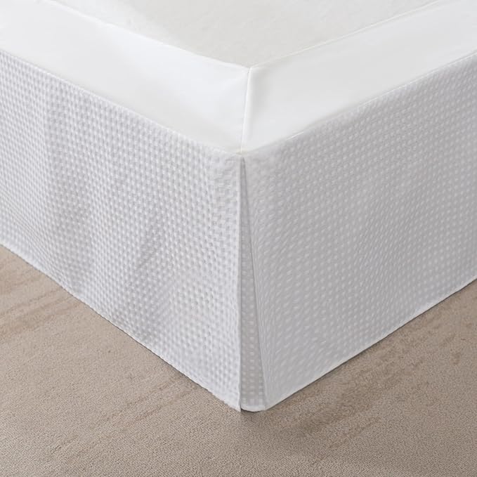 Twin Bed Skirt, Wrap Around Bed Skirt with Pleated Corner, 14 Inch Drop Pleated Waffle Weave Bedskirts, Anti-Slip, Microfiber, White, 14'' Twin