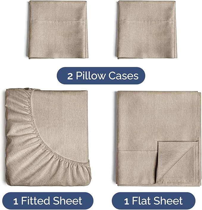 Twin XL 4 Piece Sheet Set - Cooling & Breathable - Hotel Luxury Bedding, Includes Fitted Sheet for Women, Men, Kids & Teens - 1 Flat, 1 Fitted Sheet, 2 Pillowcases w/Deep Pockets - Heathered Beige