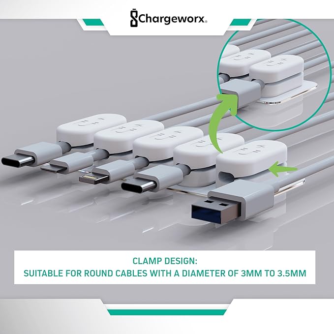 Chargeworx Magnetic Cable Holder for Cable Management – Multipurpose Desktop Cable Management System, 20-PK, Great for USB-C, Lightning, Micro-USB & Other Cables – Sticks to Any Surface (20-PK White)