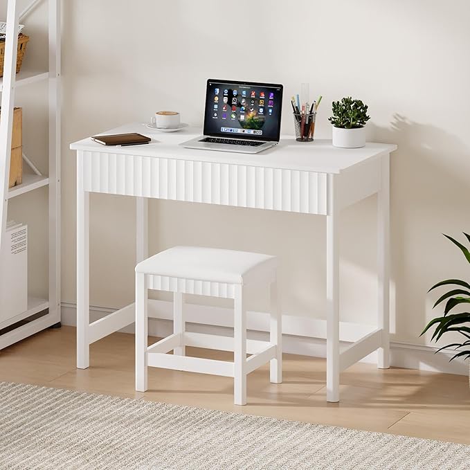 ChooChoo 40 Inch Modern Desk with Drawers, Makeup Vanity Desk with Padded Stool, Small Home Office Desk for Bedroom, White
