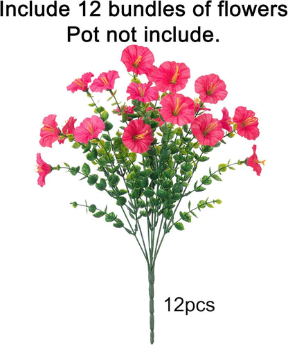 Artificial Flowers for Outdoors Fake Plants Outside Decoration, 12 Bundles Silk Hot Pink Morning Glory UV Resistant Look Real Faux Flowers for Planter Front Door Porch Patio Yard Gardens Home