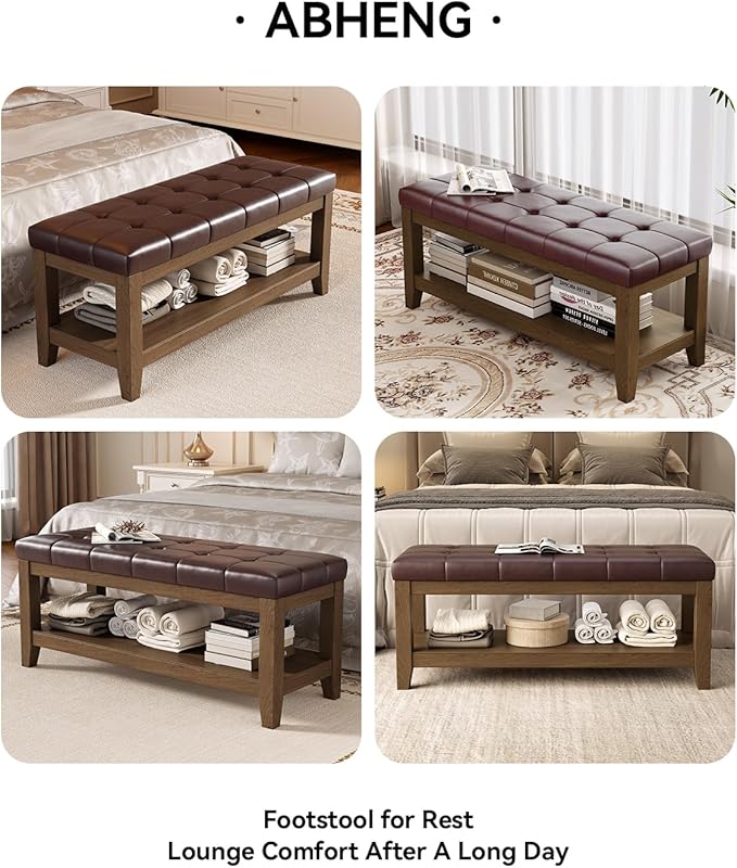 Solid Rubber Wood Shoe Bench, Easy-Clean PU Upholstered Seat, 770LB Load, Space-Saving Storage for Entryway/Living Room, Easy Assembly, Vintage Style, 43.3"x15.7"x17.7", Brown, UASND65R