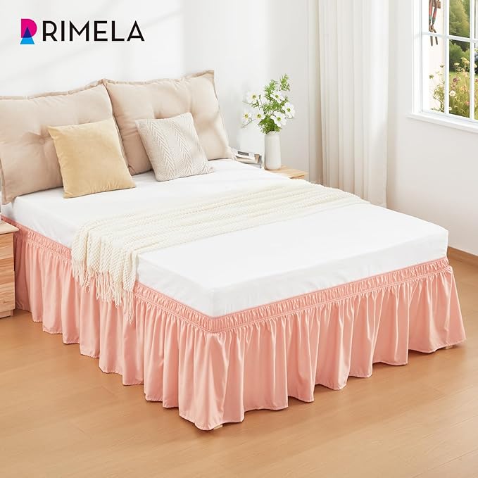 RIMELA Peachy Coral Bed Skirt King Size 18 Inch Drop, Wrap Around Elastic Bedskirt, Dust Ruffle for Adjustable Bed Base Machine Washable Easy to Install Bed Skirts