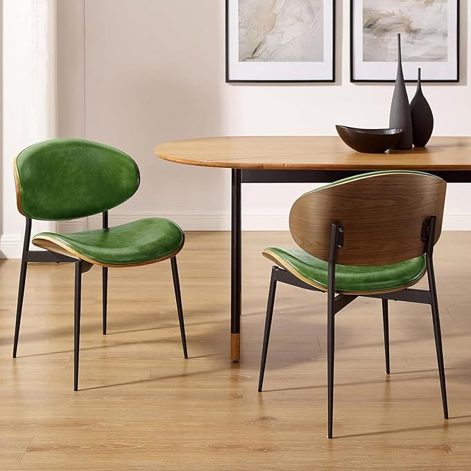 Art Leon Dining Chairs, Set of 2, Walnut Bentwood, Mid Century Modern Chair, Green Faux Leather Kitchen Dining Room Chairs, Accent Chairs for Bedroom
