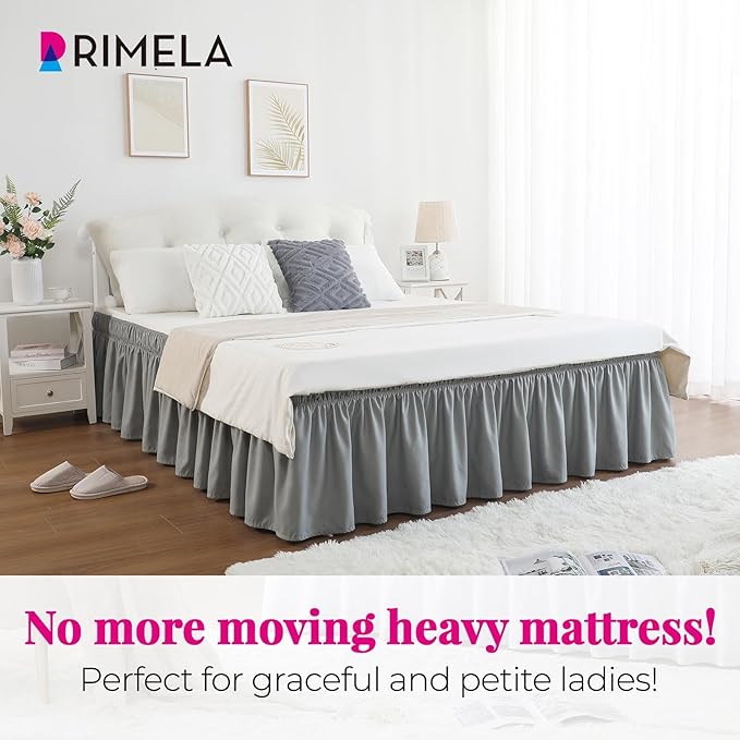 RIMELA Grey Bed Skirt Full Size 18 Inch Drop, Elastic Bed Skirting for Bed Base and Frame, Bedding Dust Ruffle Easy to Install, Lightweight Wrap Around Adjustable Bedskirt
