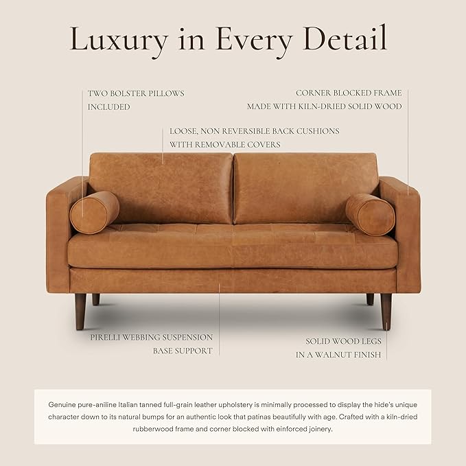 POLY & BARK Napa 72" Leather Sofa – Full-Grain Italian-Tanned Aniline Leather, Feather-Down Comfort, Solid Wood Frame, Walnut Legs, Cognac Tan