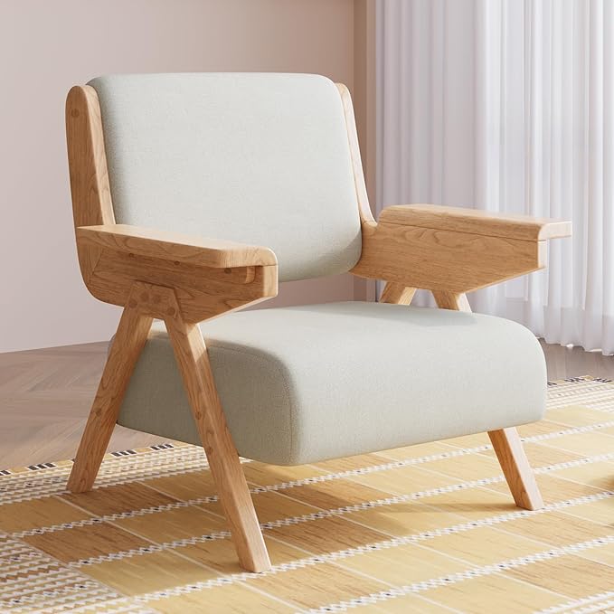 Accent Chair Mid Century Modern Chair, Velvet Upholstered Lounge Arm Chair with Solid Wood, Cozy Reading Chair for Living Room, Bedroom, Balcony(White)