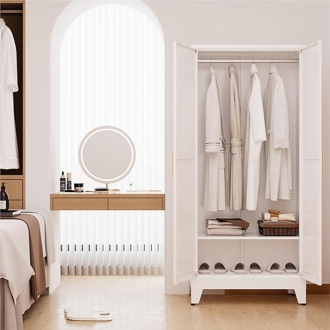 71" Tall Metal Armoire Wardrobe Closet with Removable Hanging Rod and Adjustable Shelves,White Armoire Wardrobe Cabinet for Bedroom Garage Laundry Room Office