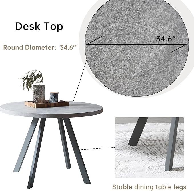 34.6'' Round Dining Table and Chairs for 2, Space Saving Modern Casual Coffee Table Set for Apartment Kitchen Dining Room (Grey Table+ 2 Grey Chairs)